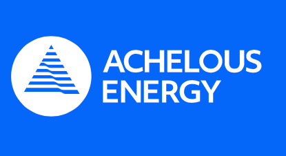 Achelous Energy logo in white on blue background.