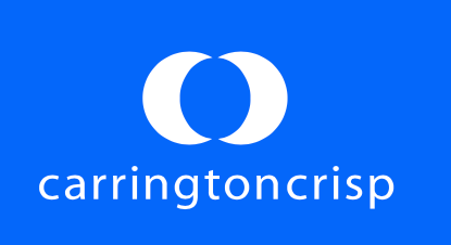 Carrington Crisp logo in white on blue background.