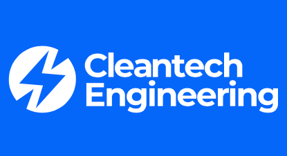 Cleantech Engineering logo in white on blue.