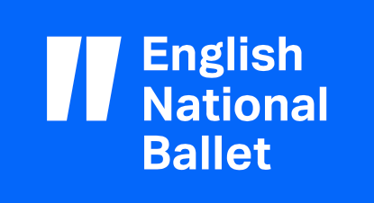 English National Ballet logo in white on blue background.