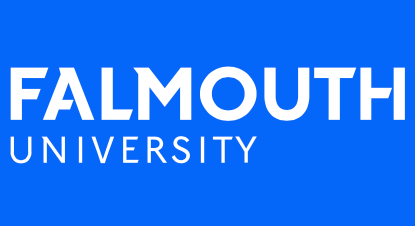 Falmouth University logo in white on a blue background.