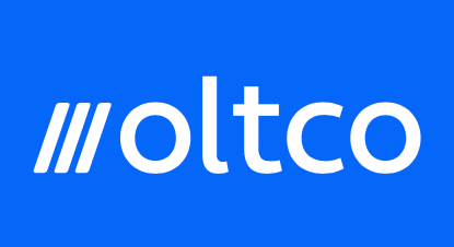 Oltco logo in white on blue background.