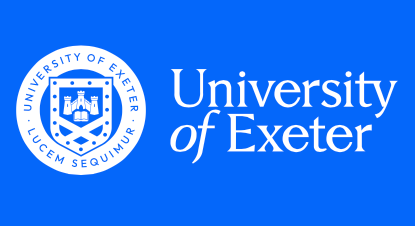 Univrsity of Exeter logo in white on a blue background.