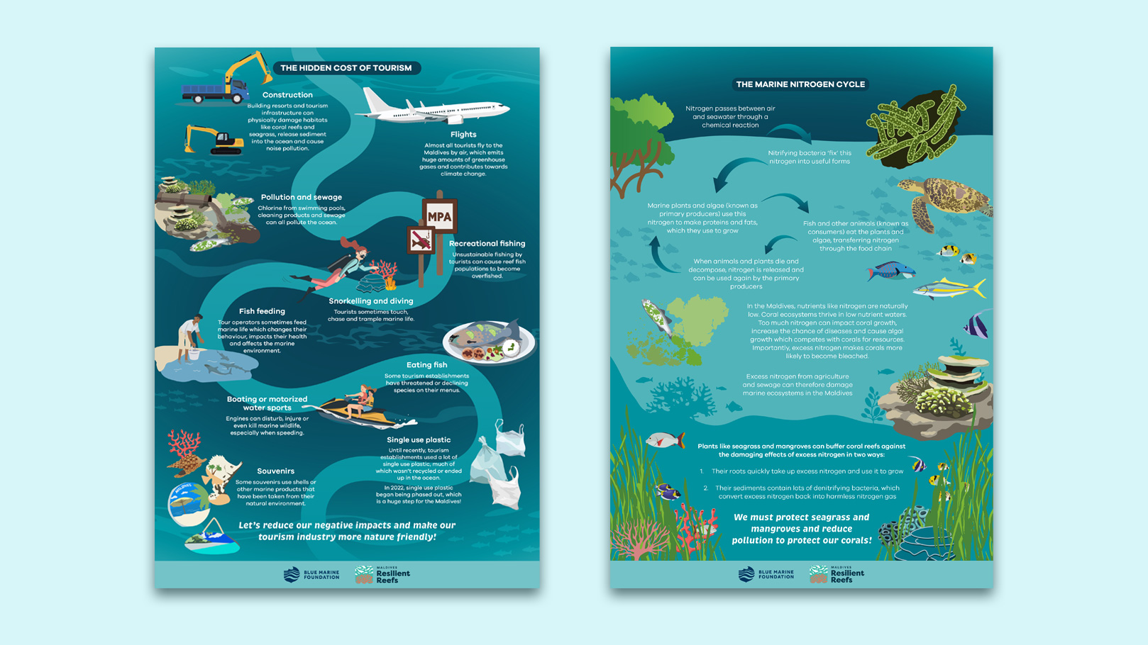 Maldives Resilient Reefs infographocs showing the hidden cost of tourism and the marine nitrogen cycle.