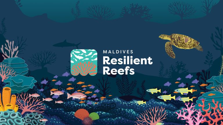 Maldives Resilient Reefs logo with illustrated ocean background.