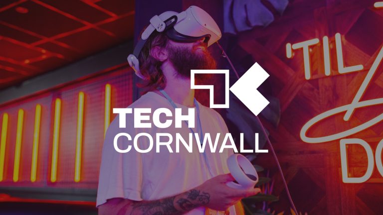 Tech Cornwall logo over an image of a man using VR headset and joystick.