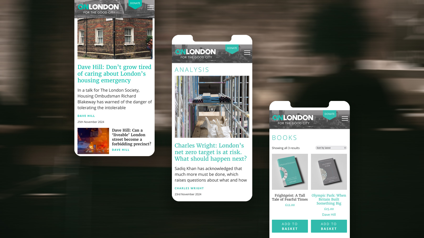 Three iphone screen mockups of the OnLondon website